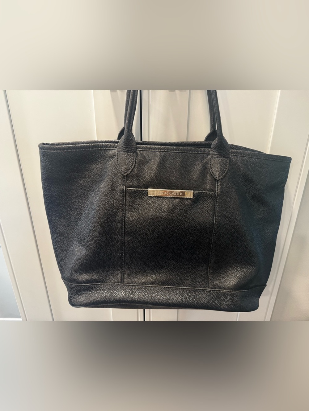 Longchamp Black Pebbled Leather Tote with Gold Plaque